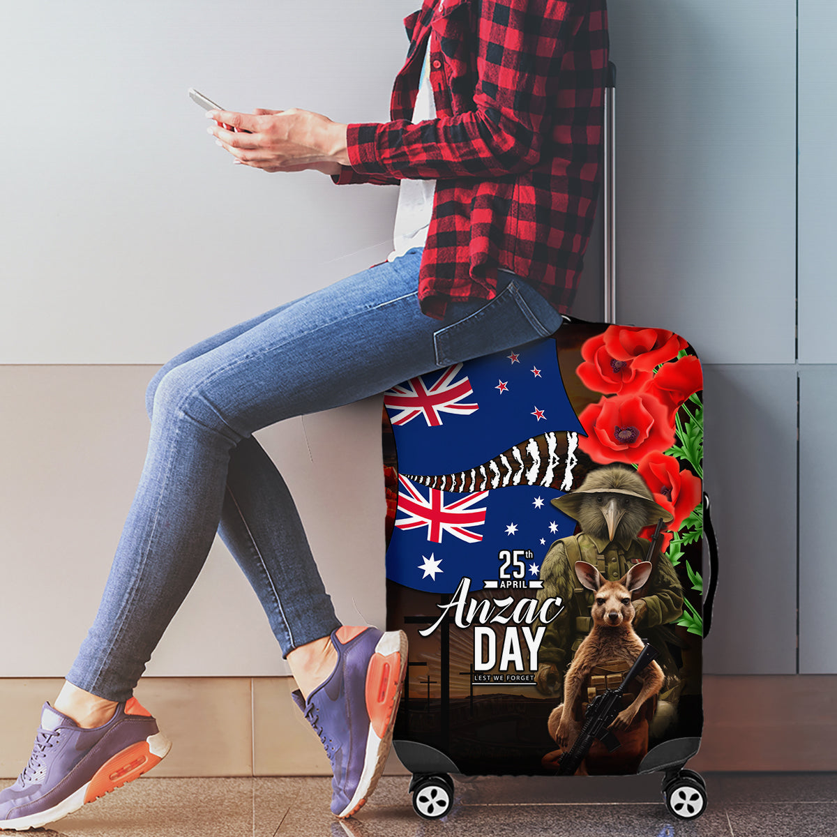 New Zealand and Australia ANZAC Day Luggage Cover National Flag mix Kiwi Bird and Kangaroo Soldier Style - Vibe Hoodie Shop