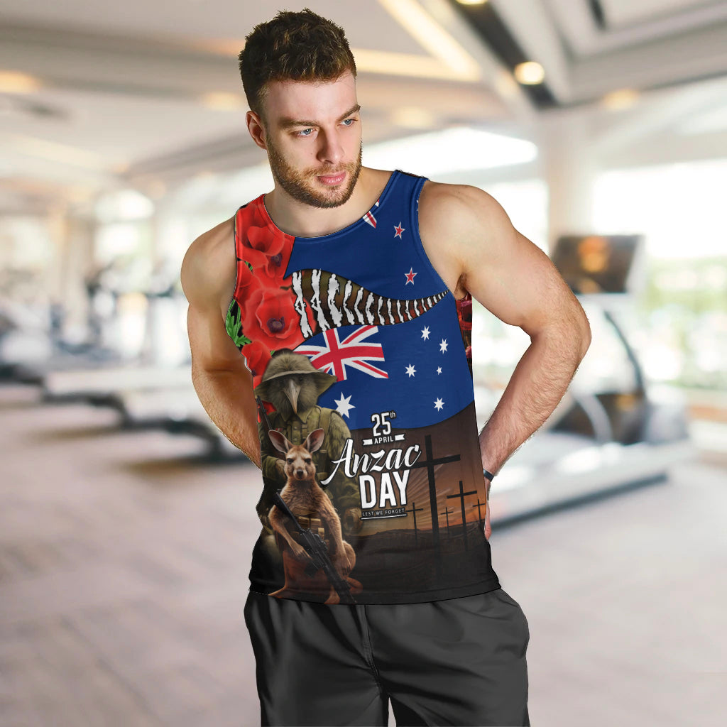 New Zealand and Australia ANZAC Day Men Tank Top National Flag mix Kiwi Bird and Kangaroo Soldier Style - Vibe Hoodie Shop