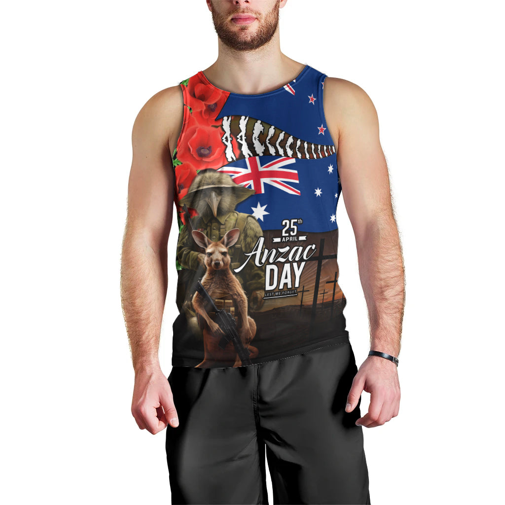 New Zealand and Australia ANZAC Day Men Tank Top National Flag mix Kiwi Bird and Kangaroo Soldier Style - Vibe Hoodie Shop