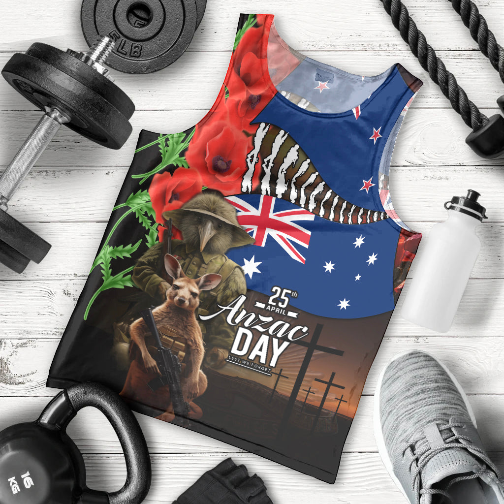 New Zealand and Australia ANZAC Day Men Tank Top National Flag mix Kiwi Bird and Kangaroo Soldier Style - Vibe Hoodie Shop