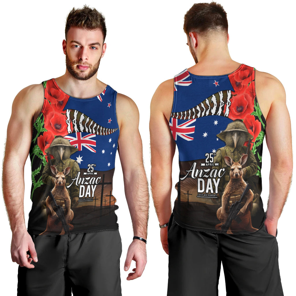 New Zealand and Australia ANZAC Day Men Tank Top National Flag mix Kiwi Bird and Kangaroo Soldier Style - Vibe Hoodie Shop