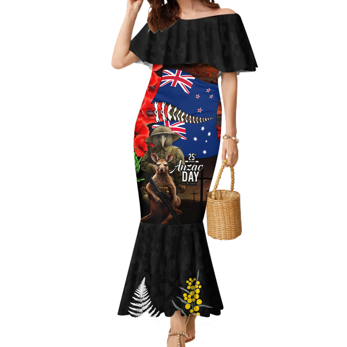 New Zealand and Australia ANZAC Day Mermaid Dress National Flag mix Kiwi Bird and Kangaroo Soldier Style