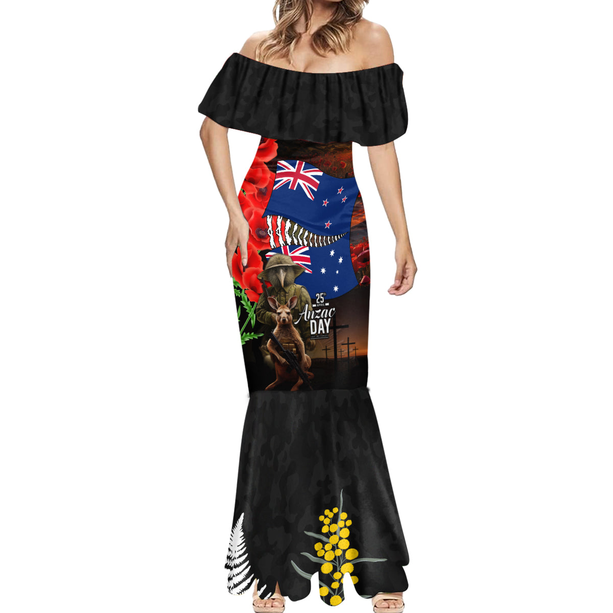 New Zealand and Australia ANZAC Day Mermaid Dress National Flag mix Kiwi Bird and Kangaroo Soldier Style