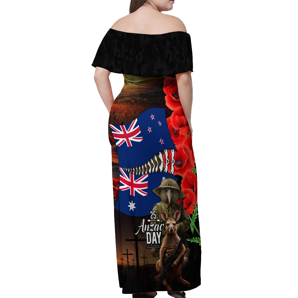 New Zealand and Australia ANZAC Day Off Shoulder Maxi Dress National Flag mix Kiwi Bird and Kangaroo Soldier Style