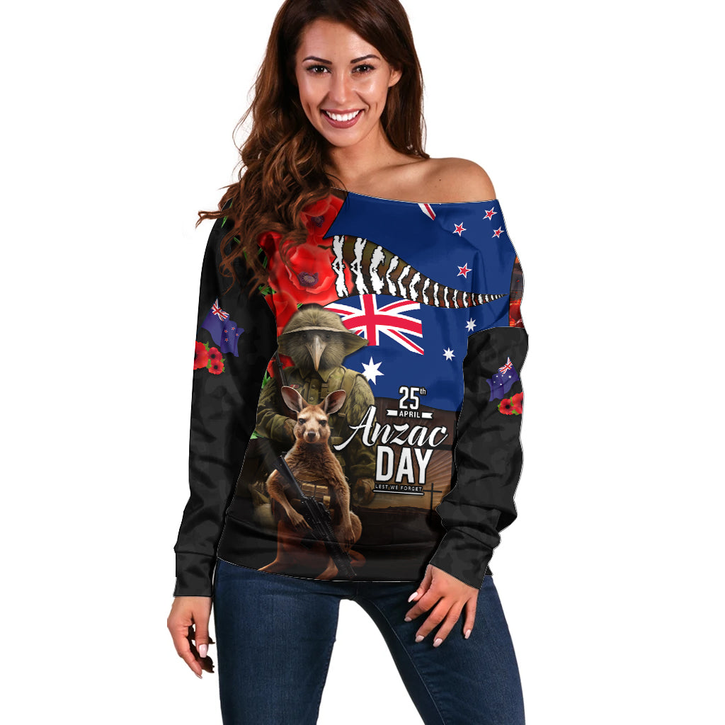 New Zealand and Australia ANZAC Day Off Shoulder Sweater National Flag mix Kiwi Bird and Kangaroo Soldier Style - Vibe Hoodie Shop