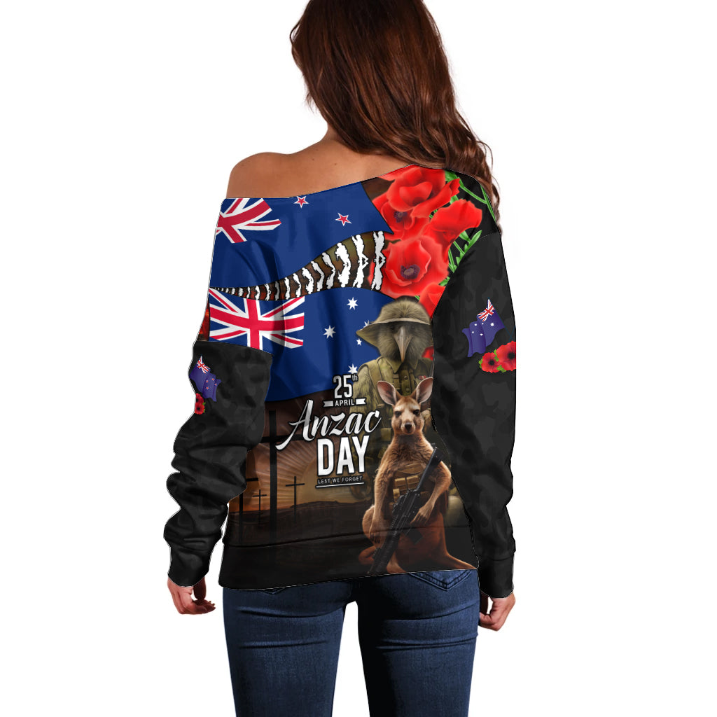 New Zealand and Australia ANZAC Day Off Shoulder Sweater National Flag mix Kiwi Bird and Kangaroo Soldier Style - Vibe Hoodie Shop