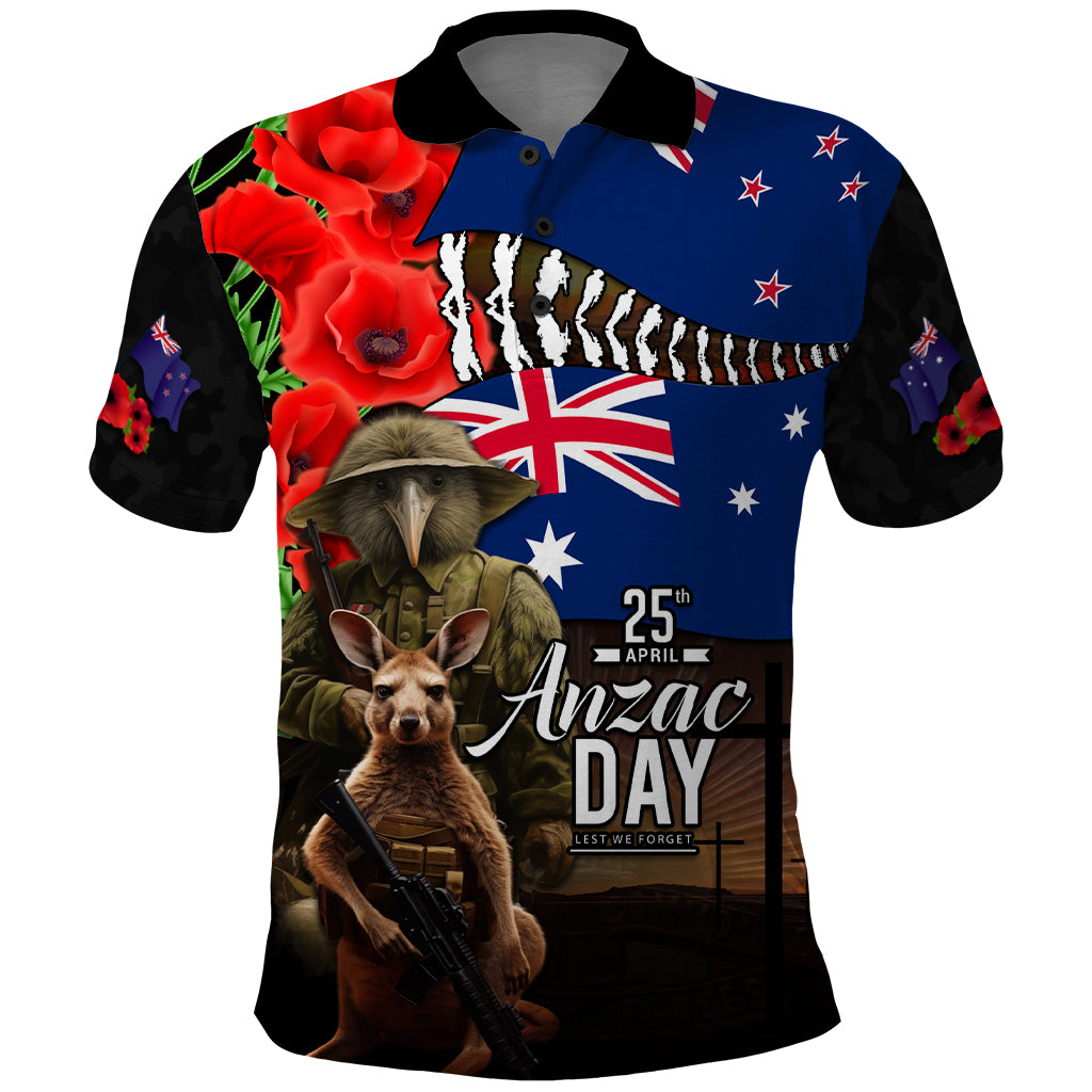 New Zealand and Australia ANZAC Day Polo Shirt National Flag mix Kiwi Bird and Kangaroo Soldier Style - Vibe Hoodie Shop