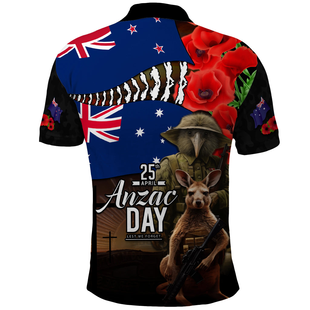 New Zealand and Australia ANZAC Day Polo Shirt National Flag mix Kiwi Bird and Kangaroo Soldier Style - Vibe Hoodie Shop