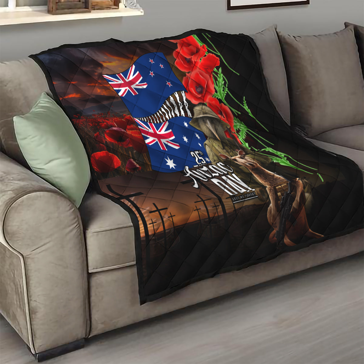 New Zealand and Australia ANZAC Day Quilt National Flag mix Kiwi Bird and Kangaroo Soldier Style - Vibe Hoodie Shop
