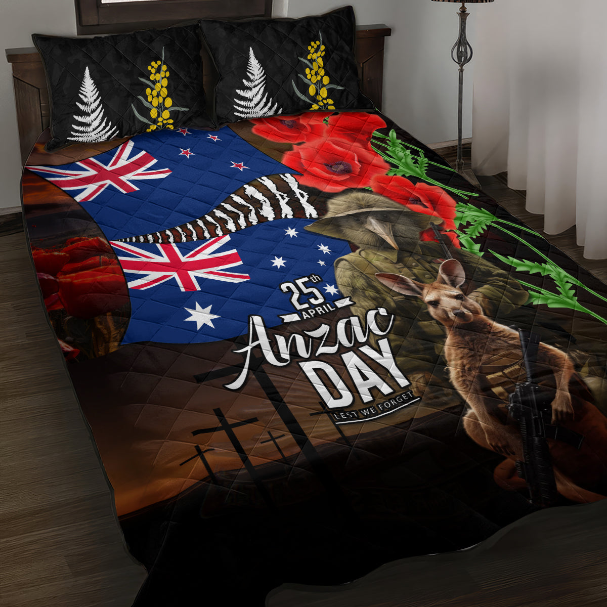New Zealand and Australia ANZAC Day Quilt Bed Set National Flag mix Kiwi Bird and Kangaroo Soldier Style - Vibe Hoodie Shop