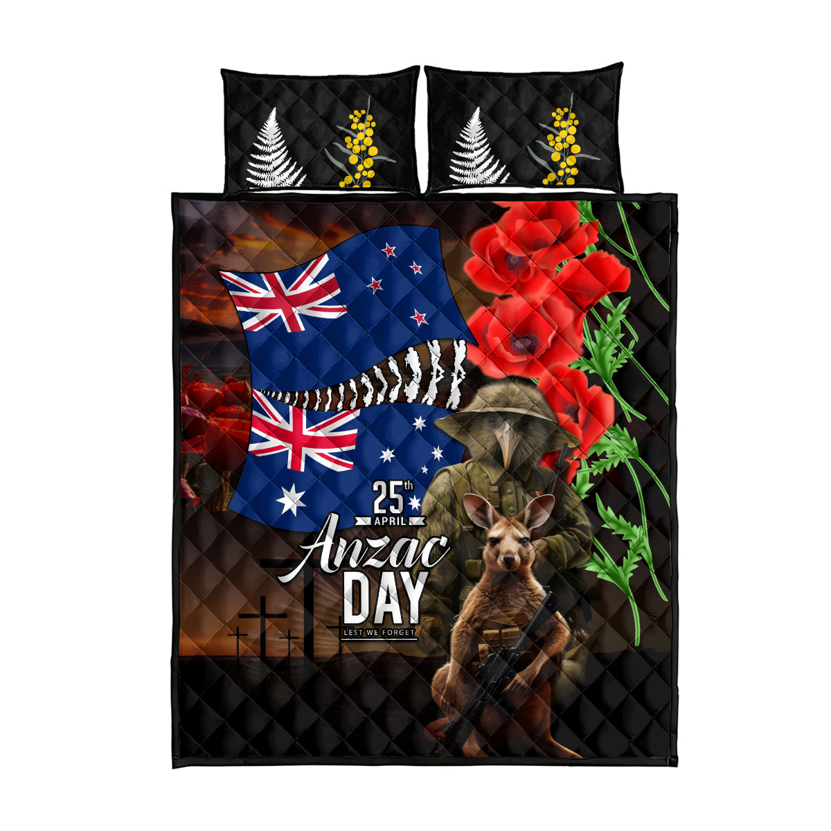 New Zealand and Australia ANZAC Day Quilt Bed Set National Flag mix Kiwi Bird and Kangaroo Soldier Style - Vibe Hoodie Shop