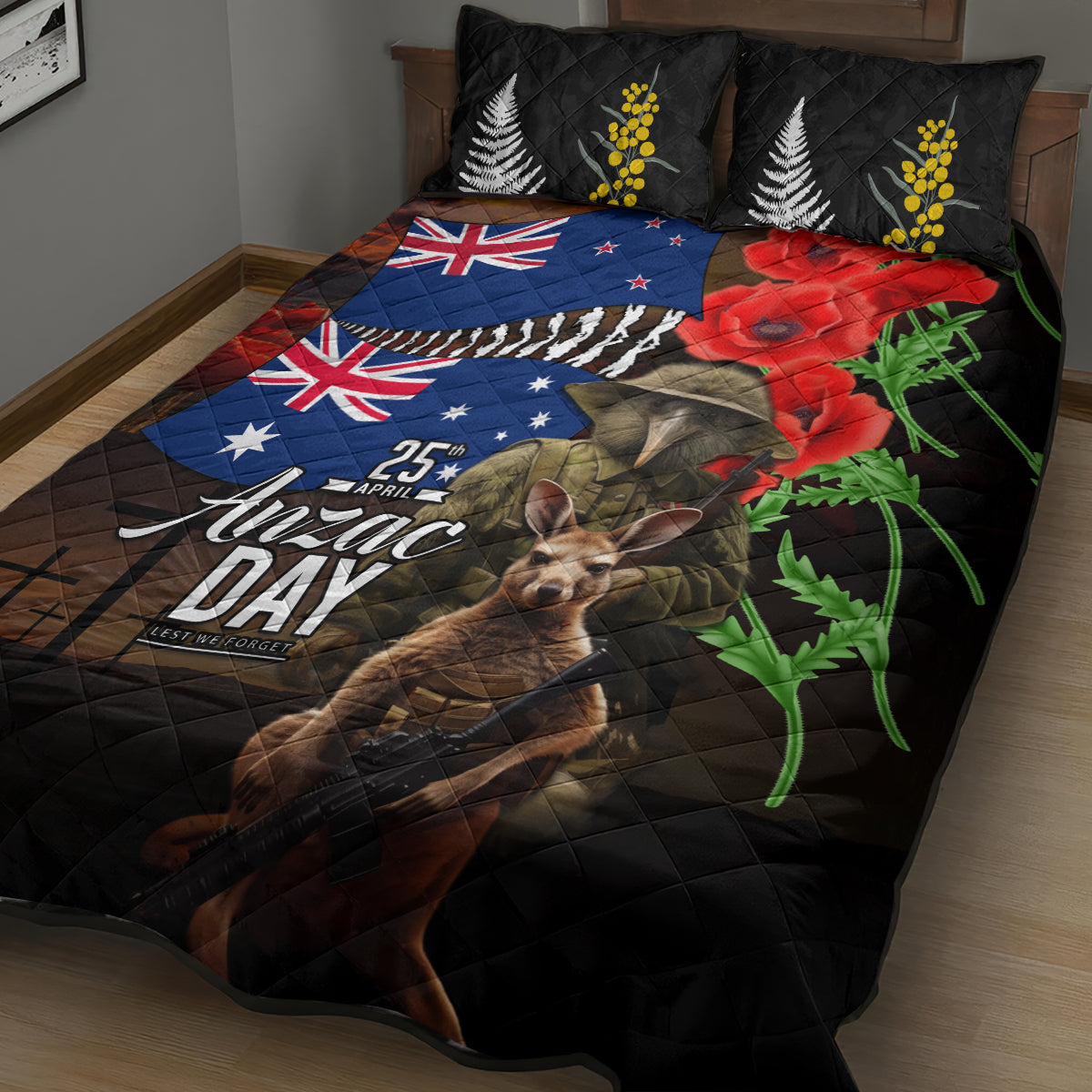 New Zealand and Australia ANZAC Day Quilt Bed Set National Flag mix Kiwi Bird and Kangaroo Soldier Style - Vibe Hoodie Shop