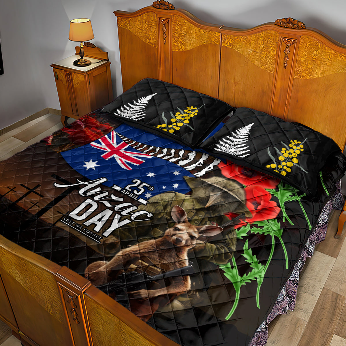 New Zealand and Australia ANZAC Day Quilt Bed Set National Flag mix Kiwi Bird and Kangaroo Soldier Style - Vibe Hoodie Shop