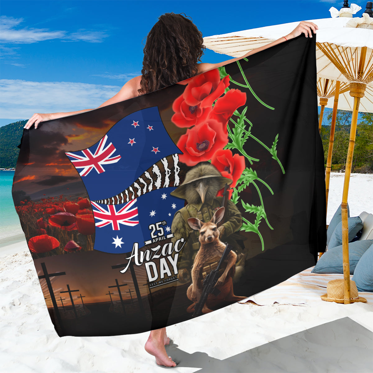 New Zealand and Australia ANZAC Day Sarong National Flag mix Kiwi Bird and Kangaroo Soldier Style - Vibe Hoodie Shop