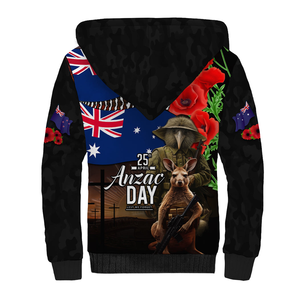 New Zealand and Australia ANZAC Day Sherpa Hoodie National Flag mix Kiwi Bird and Kangaroo Soldier Style - Vibe Hoodie Shop