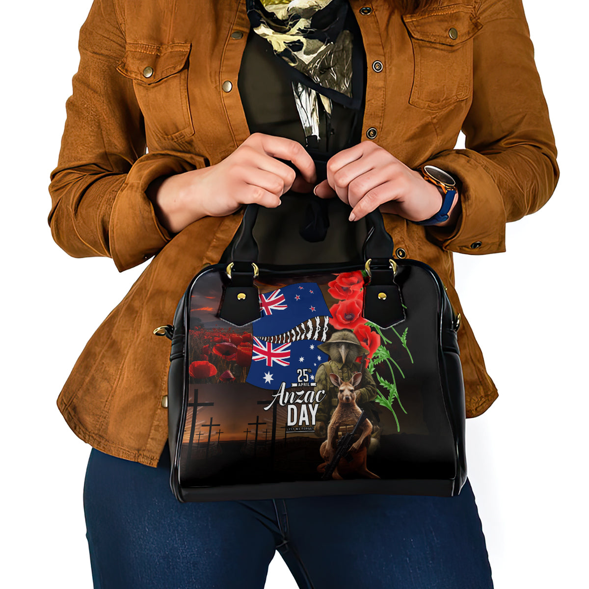 New Zealand and Australia ANZAC Day Shoulder Handbag National Flag mix Kiwi Bird and Kangaroo Soldier Style - Vibe Hoodie Shop