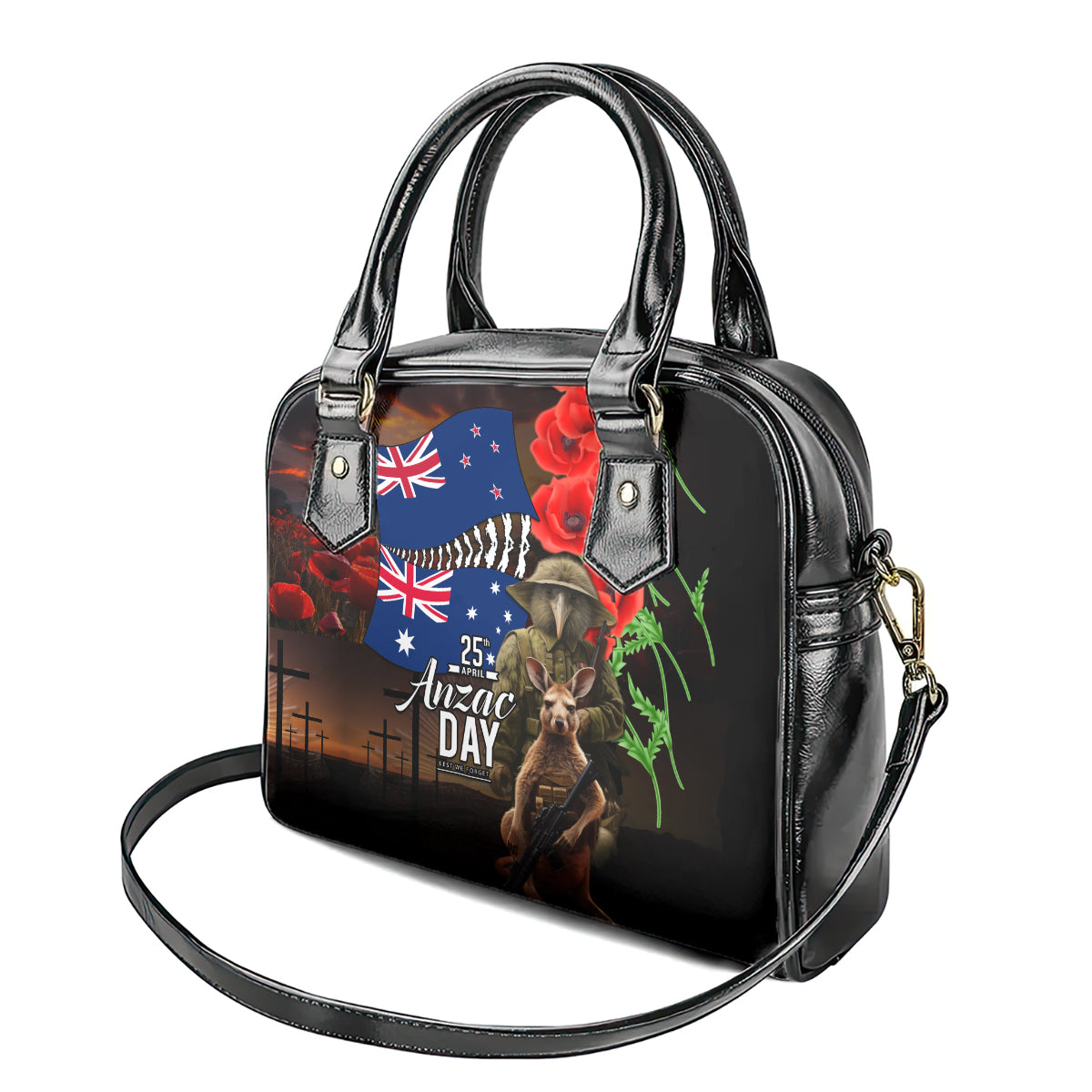 New Zealand and Australia ANZAC Day Shoulder Handbag National Flag mix Kiwi Bird and Kangaroo Soldier Style - Vibe Hoodie Shop