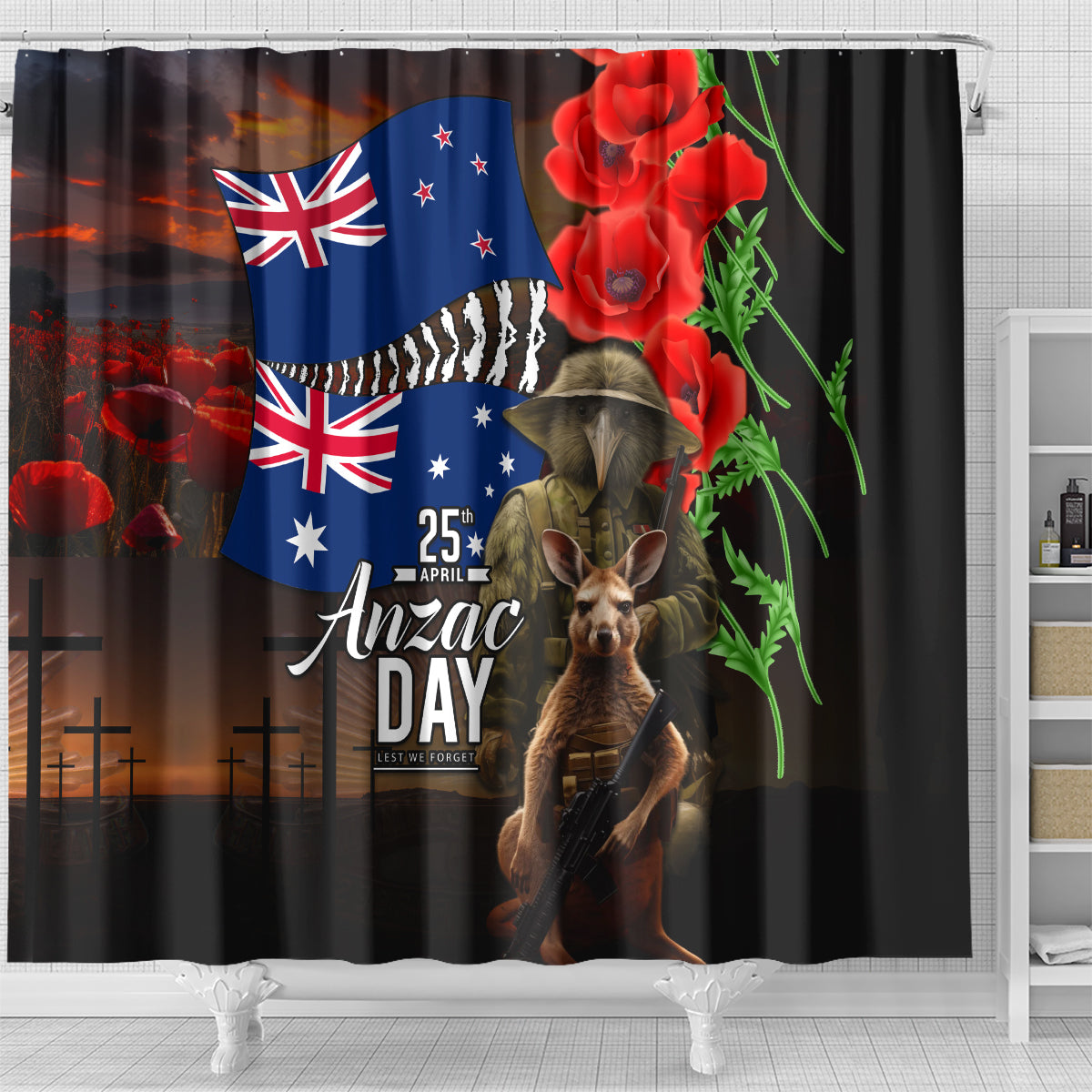 New Zealand and Australia ANZAC Day Shower Curtain National Flag mix Kiwi Bird and Kangaroo Soldier Style