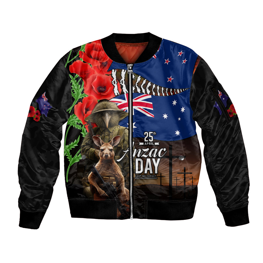 New Zealand and Australia ANZAC Day Sleeve Zip Bomber Jacket National Flag mix Kiwi Bird and Kangaroo Soldier Style