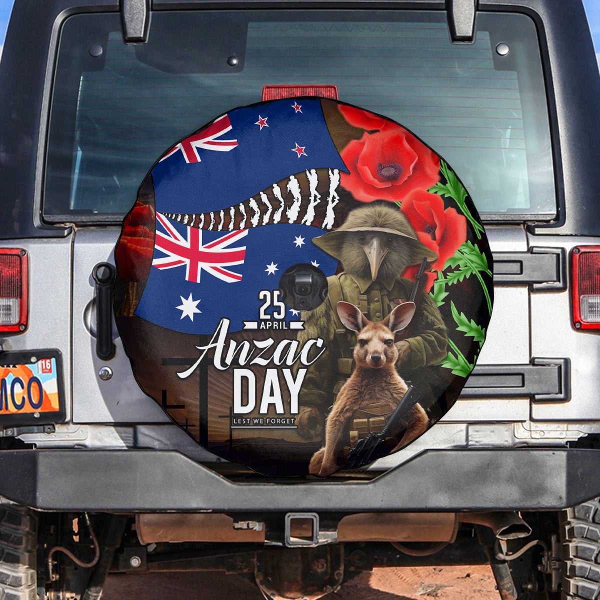 New Zealand and Australia ANZAC Day Spare Tire Cover National Flag mix Kiwi Bird and Kangaroo Soldier Style - Vibe Hoodie Shop