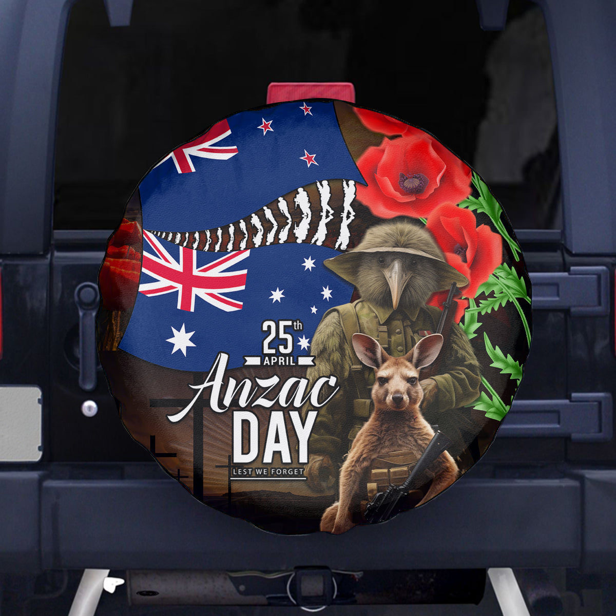 New Zealand and Australia ANZAC Day Spare Tire Cover National Flag mix Kiwi Bird and Kangaroo Soldier Style - Vibe Hoodie Shop