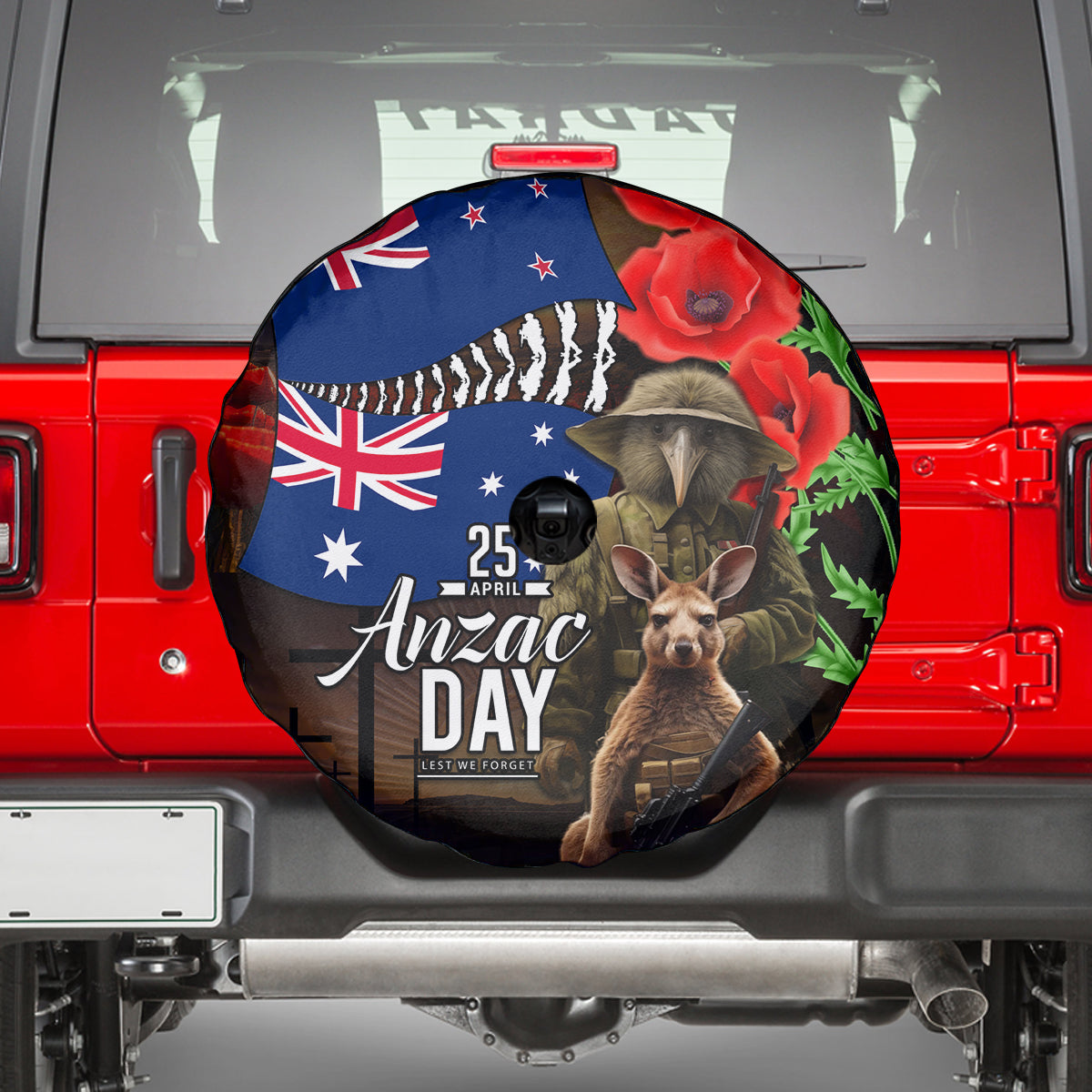 New Zealand and Australia ANZAC Day Spare Tire Cover National Flag mix Kiwi Bird and Kangaroo Soldier Style - Vibe Hoodie Shop