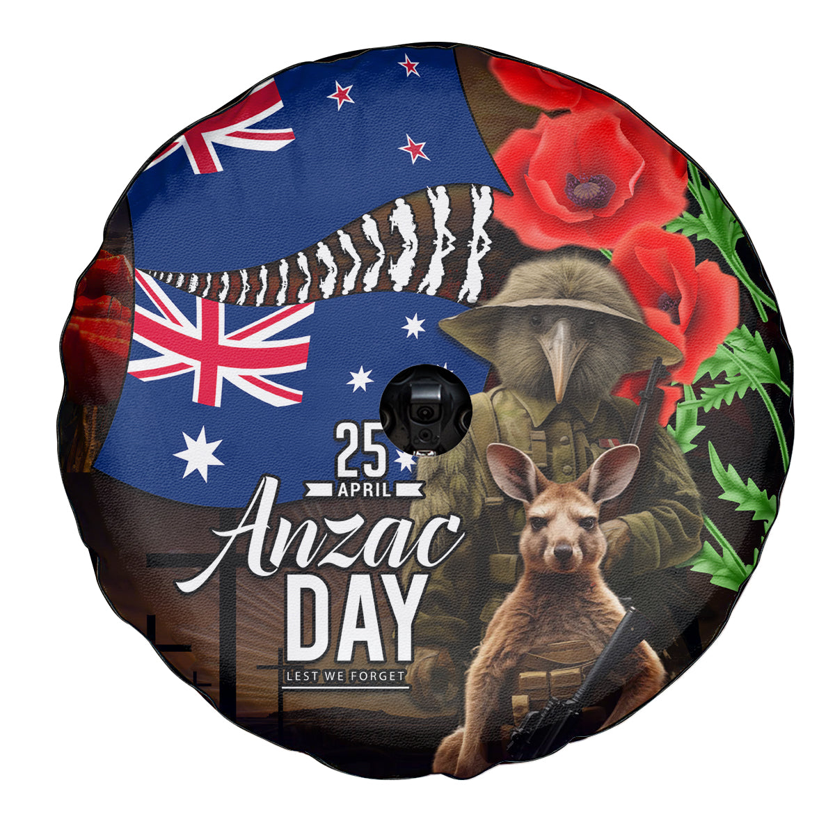 New Zealand and Australia ANZAC Day Spare Tire Cover National Flag mix Kiwi Bird and Kangaroo Soldier Style - Vibe Hoodie Shop