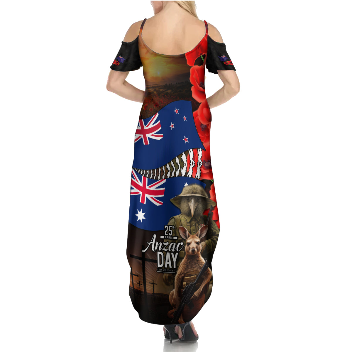New Zealand and Australia ANZAC Day Summer Maxi Dress National Flag mix Kiwi Bird and Kangaroo Soldier Style