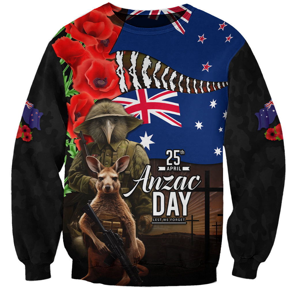 New Zealand and Australia ANZAC Day Sweatshirt National Flag mix Kiwi Bird and Kangaroo Soldier Style - Vibe Hoodie Shop