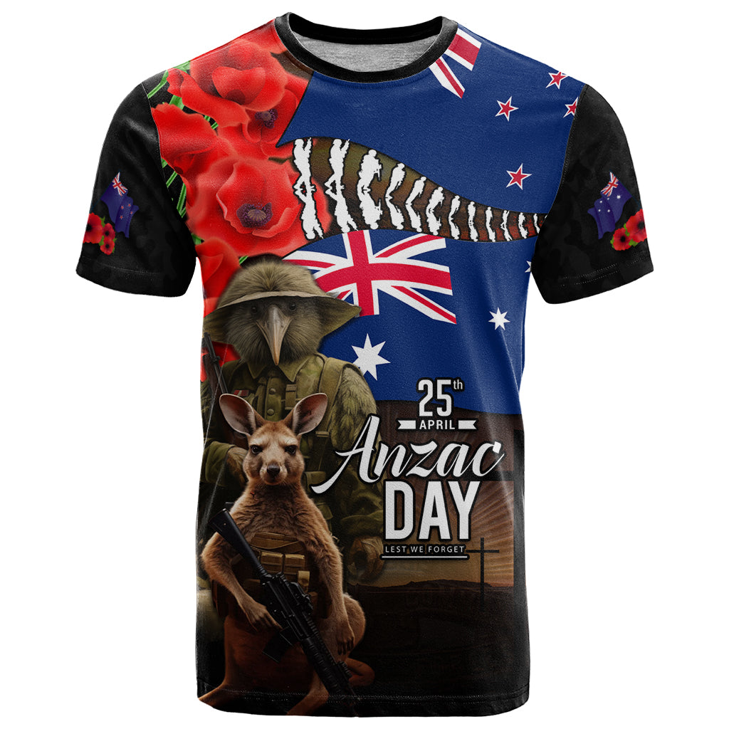 New Zealand and Australia ANZAC Day T Shirt National Flag mix Kiwi Bird and Kangaroo Soldier Style - Vibe Hoodie Shop