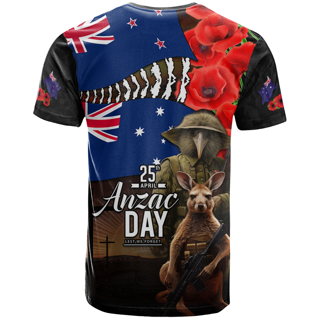 New Zealand and Australia ANZAC Day T Shirt National Flag mix Kiwi Bird and Kangaroo Soldier Style - Vibe Hoodie Shop