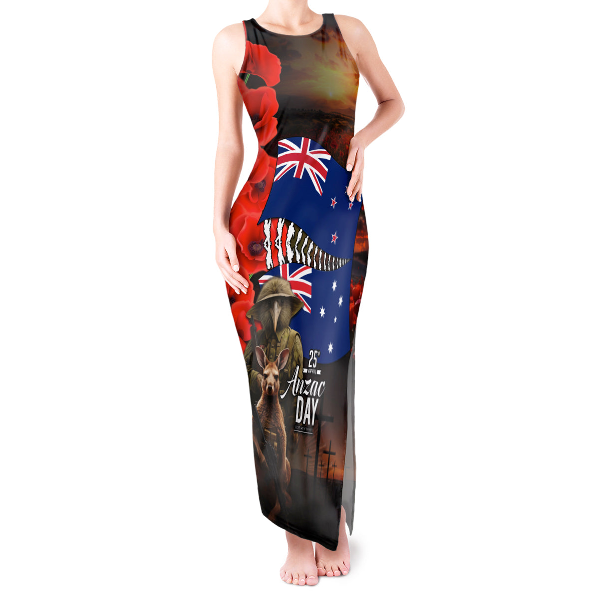 New Zealand and Australia ANZAC Day Tank Maxi Dress National Flag mix Kiwi Bird and Kangaroo Soldier Style