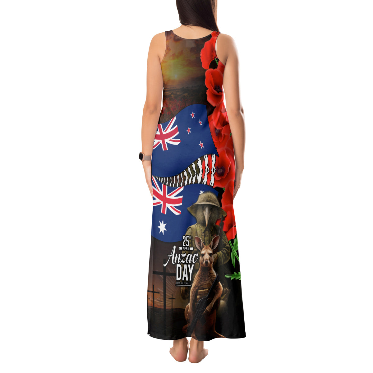 New Zealand and Australia ANZAC Day Tank Maxi Dress National Flag mix Kiwi Bird and Kangaroo Soldier Style