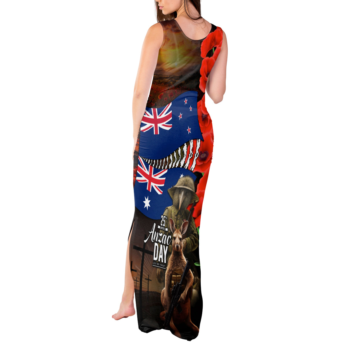 New Zealand and Australia ANZAC Day Tank Maxi Dress National Flag mix Kiwi Bird and Kangaroo Soldier Style