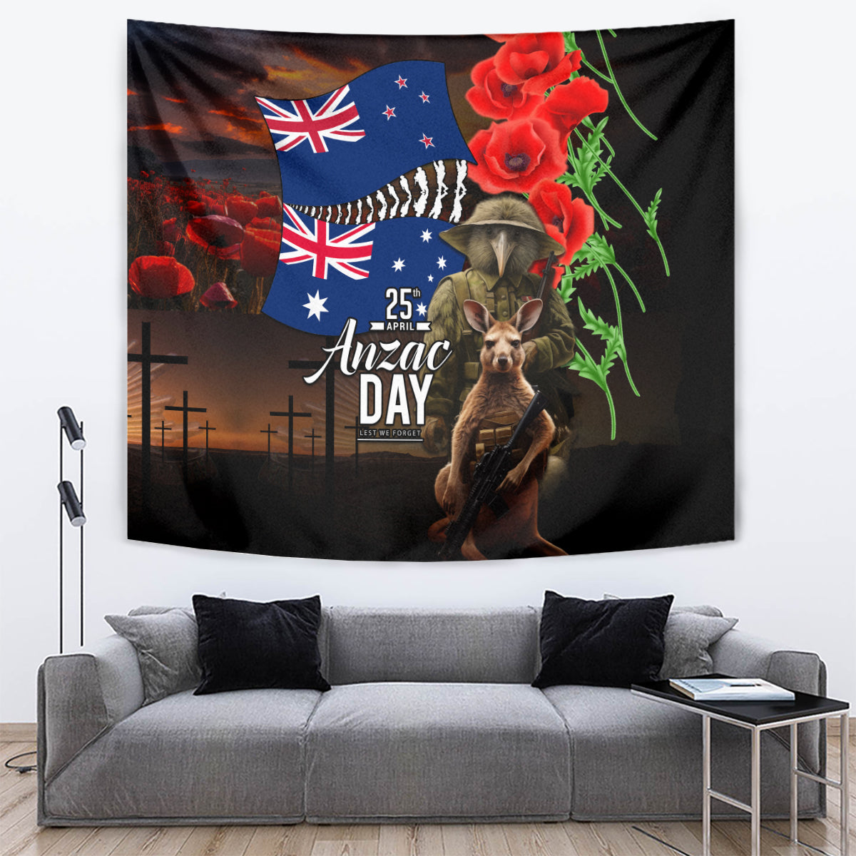 New Zealand and Australia ANZAC Day Tapestry National Flag mix Kiwi Bird and Kangaroo Soldier Style - Vibe Hoodie Shop