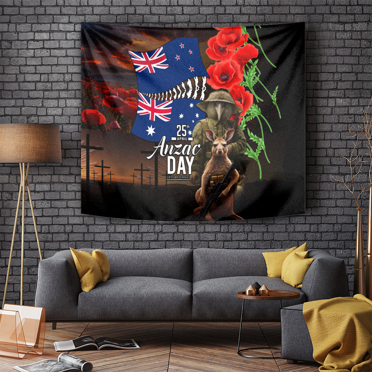 New Zealand and Australia ANZAC Day Tapestry National Flag mix Kiwi Bird and Kangaroo Soldier Style - Vibe Hoodie Shop