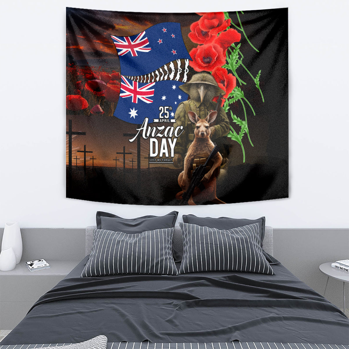 New Zealand and Australia ANZAC Day Tapestry National Flag mix Kiwi Bird and Kangaroo Soldier Style - Vibe Hoodie Shop