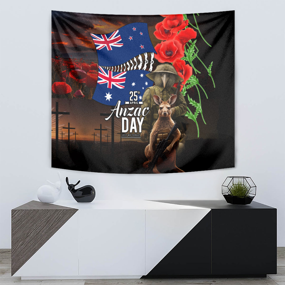 New Zealand and Australia ANZAC Day Tapestry National Flag mix Kiwi Bird and Kangaroo Soldier Style - Vibe Hoodie Shop