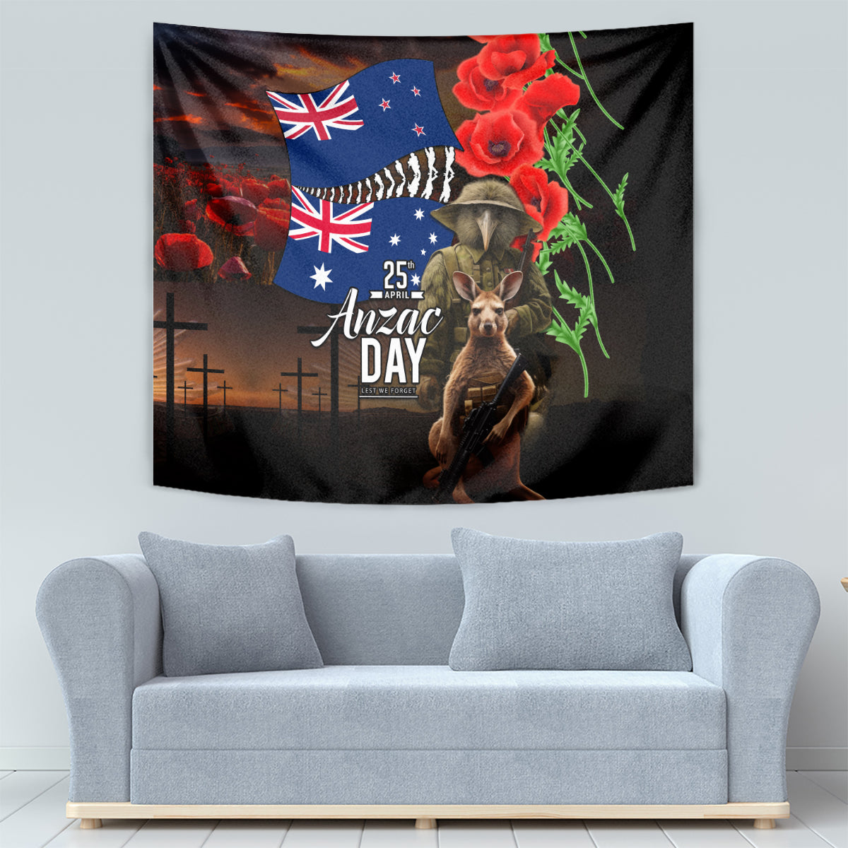 New Zealand and Australia ANZAC Day Tapestry National Flag mix Kiwi Bird and Kangaroo Soldier Style - Vibe Hoodie Shop