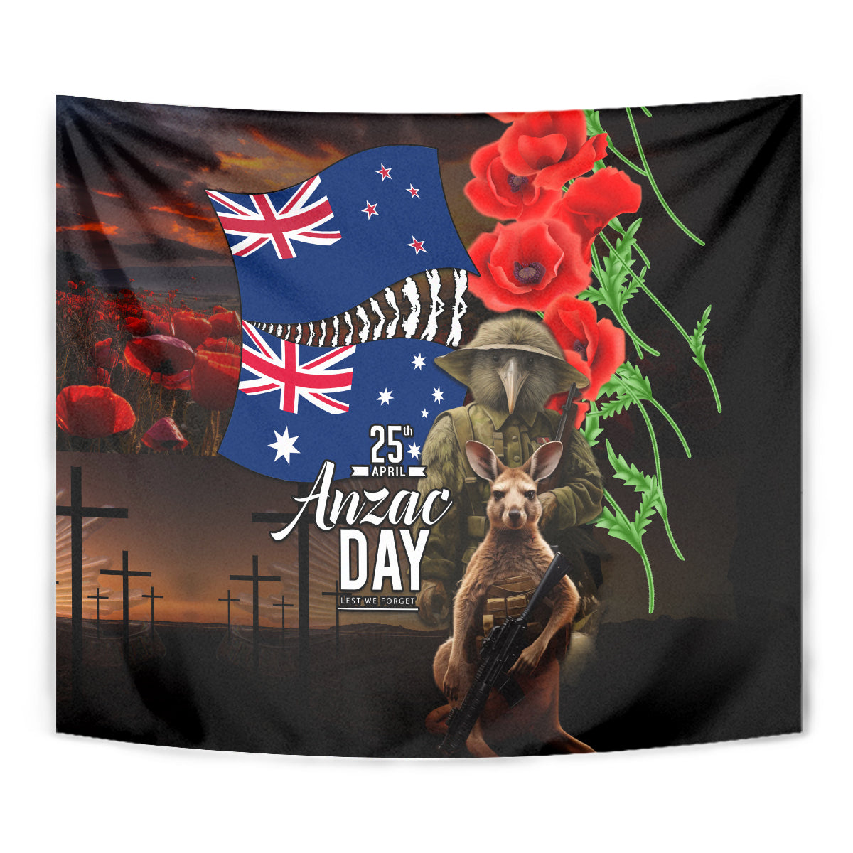 New Zealand and Australia ANZAC Day Tapestry National Flag mix Kiwi Bird and Kangaroo Soldier Style - Vibe Hoodie Shop