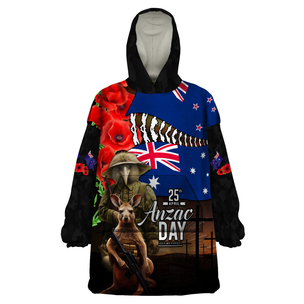 New Zealand and Australia ANZAC Day Wearable Blanket Hoodie National Flag mix Kiwi Bird and Kangaroo Soldier Style - Vibe Hoodie Shop