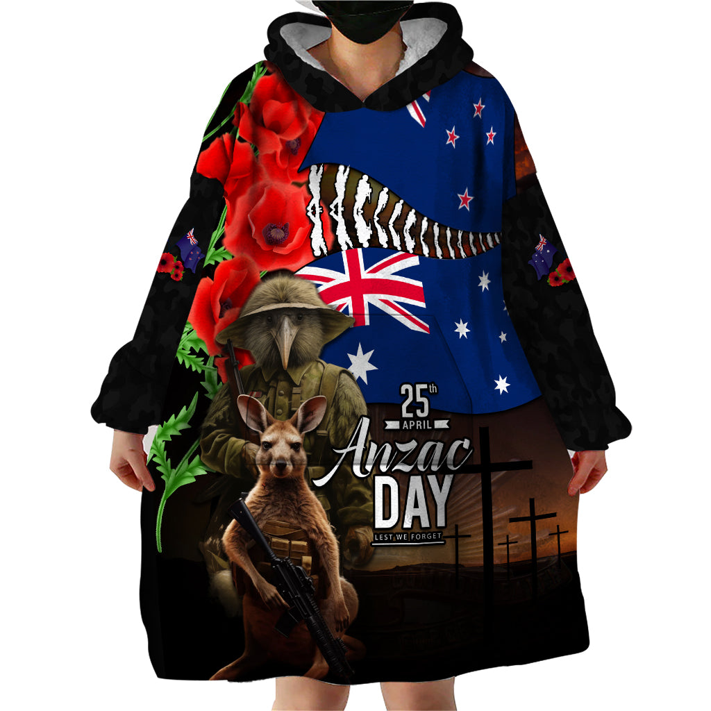 New Zealand and Australia ANZAC Day Wearable Blanket Hoodie National Flag mix Kiwi Bird and Kangaroo Soldier Style - Vibe Hoodie Shop