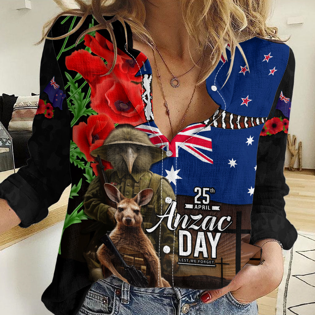 New Zealand and Australia ANZAC Day Women Casual Shirt National Flag mix Kiwi Bird and Kangaroo Soldier Style - Vibe Hoodie Shop