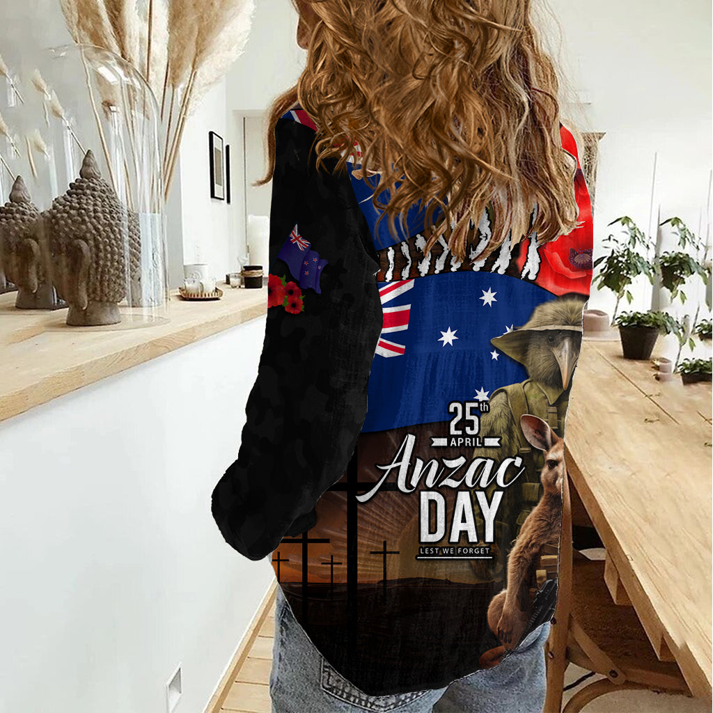 New Zealand and Australia ANZAC Day Women Casual Shirt National Flag mix Kiwi Bird and Kangaroo Soldier Style - Vibe Hoodie Shop