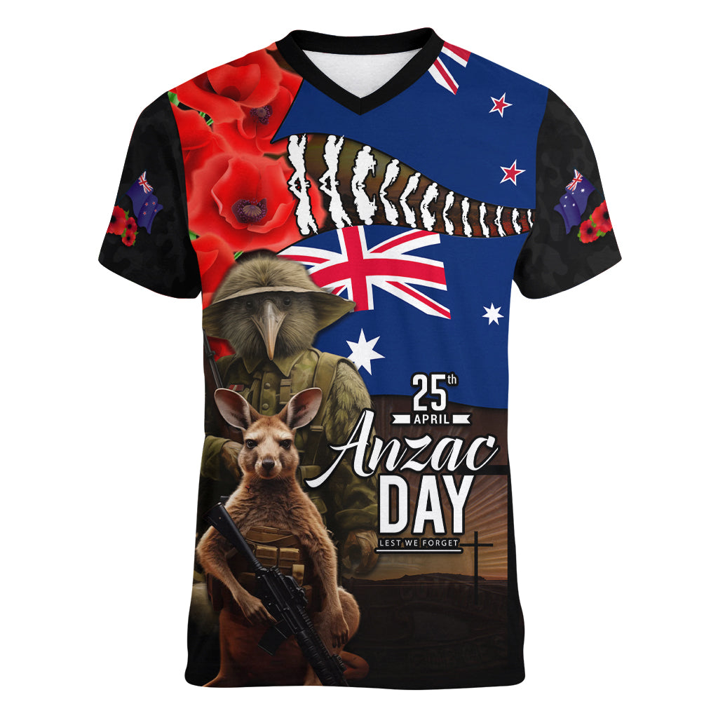 New Zealand and Australia ANZAC Day Women V Neck T Shirt National Flag mix Kiwi Bird and Kangaroo Soldier Style - Vibe Hoodie Shop