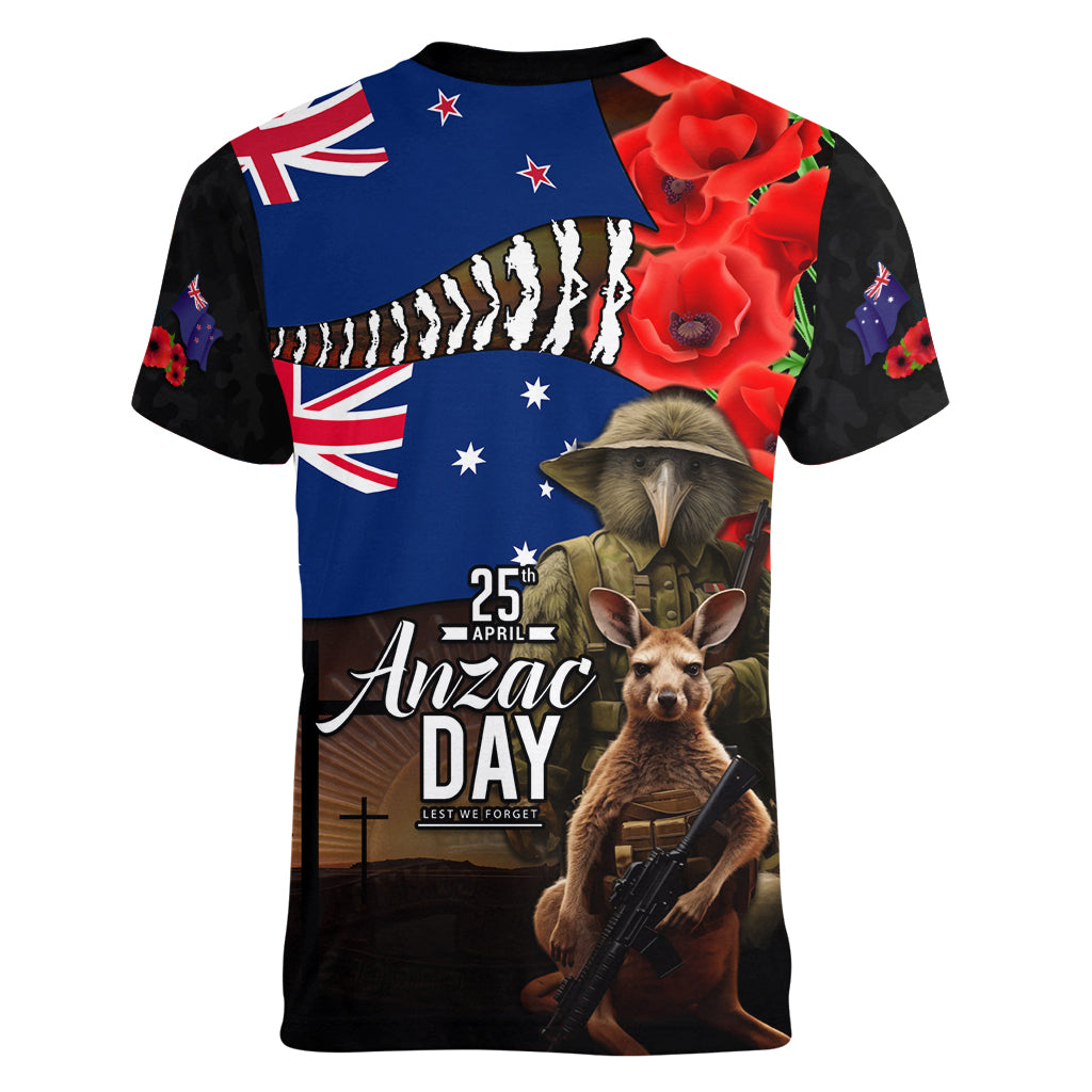 New Zealand and Australia ANZAC Day Women V Neck T Shirt National Flag mix Kiwi Bird and Kangaroo Soldier Style - Vibe Hoodie Shop