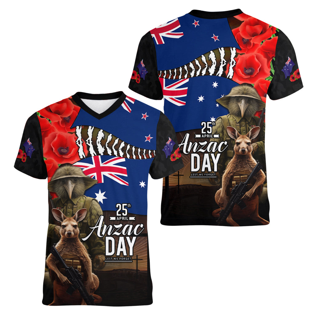New Zealand and Australia ANZAC Day Women V Neck T Shirt National Flag mix Kiwi Bird and Kangaroo Soldier Style - Vibe Hoodie Shop