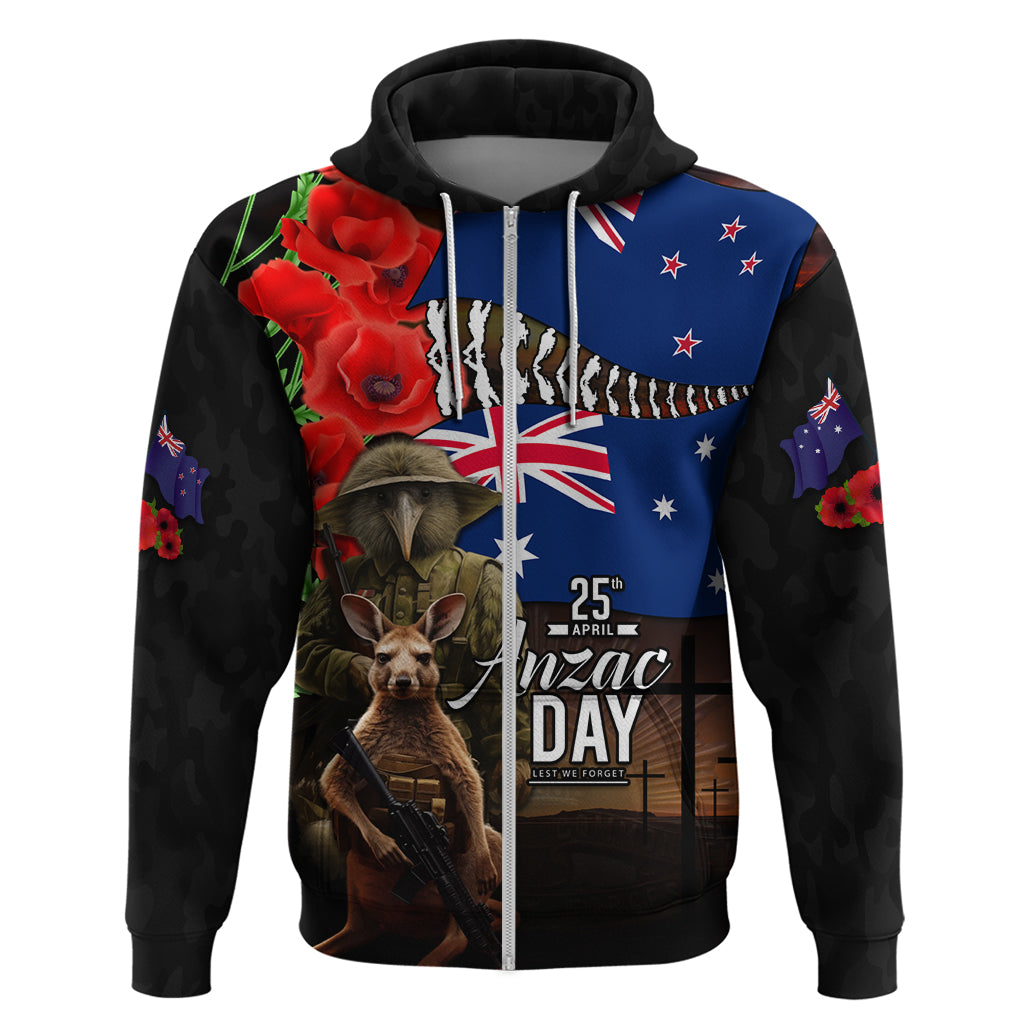 New Zealand and Australia ANZAC Day Zip Hoodie National Flag mix Kiwi Bird and Kangaroo Soldier Style - Vibe Hoodie Shop