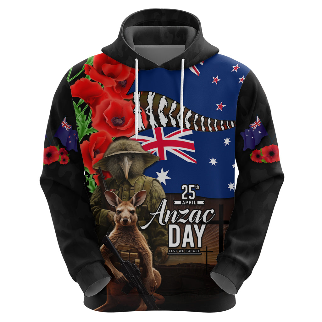 New Zealand and Australia ANZAC Day Zip Hoodie National Flag mix Kiwi Bird and Kangaroo Soldier Style - Vibe Hoodie Shop