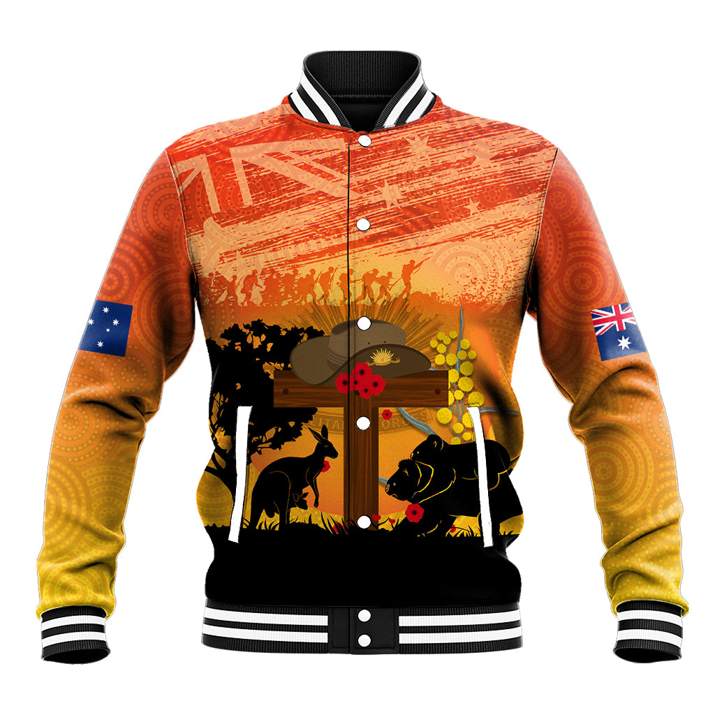 Australia ANZAC Day Baseball Jacket Koala and Kangaroo Respect Aboriginal Pattern - Vibe Hoodie Shop